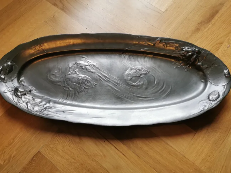 Best Pamono Large Art Nouveau Museum Fish Plate by Hugo Leven for Kayserzinn, 1900s