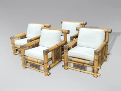 New Pamono Large Bamboo Pagoda Lounge Armchairs, 1980, Set of 4