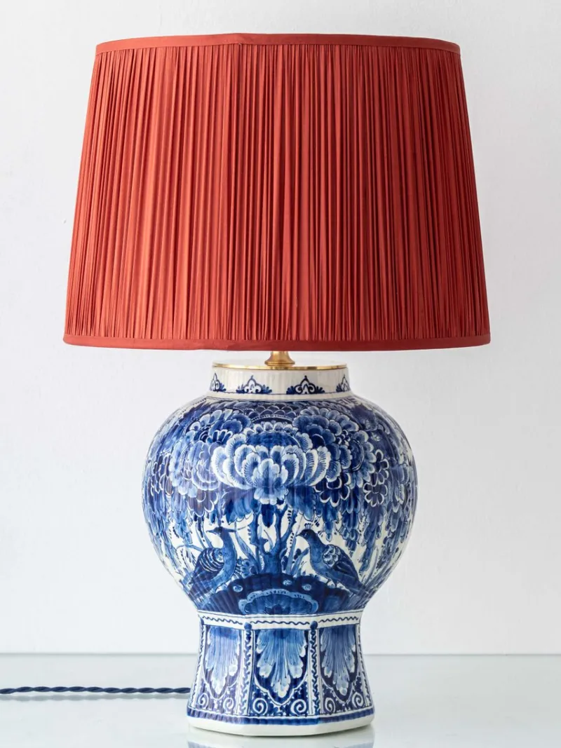 Pamono Large Blue and White Hand-Painted Table Lamp with New Terracotta Silk Lampshade from Royal Delft, 1948> Table Lamps