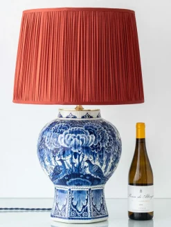 Pamono Large Blue and White Hand-Painted Table Lamp with New Terracotta Silk Lampshade from Royal Delft, 1948> Table Lamps