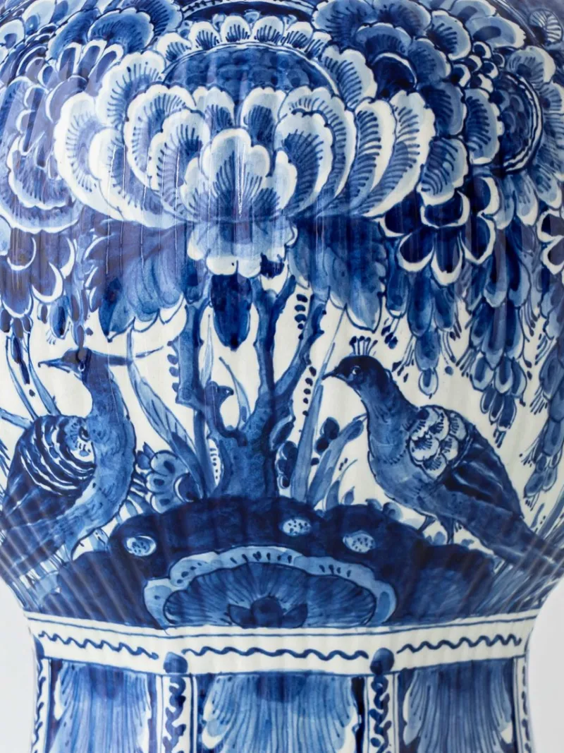 Pamono Large Blue and White Hand-Painted Table Lamp with New Terracotta Silk Lampshade from Royal Delft, 1948> Table Lamps