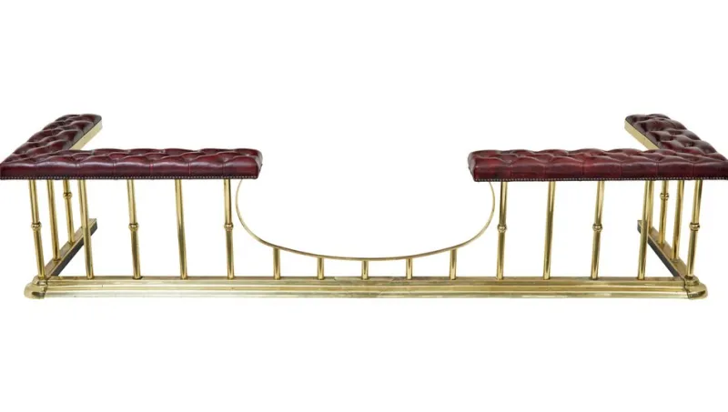 Pamono Large Brass and Leather Fireplace Club Fender, 2000> Fireplaces And Mantels