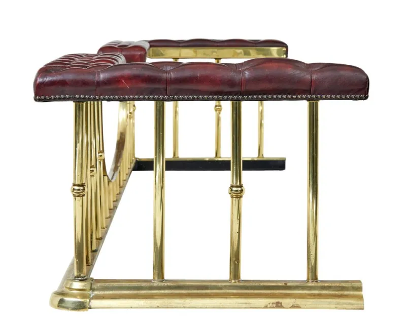 Pamono Large Brass and Leather Fireplace Club Fender, 2000> Fireplaces And Mantels