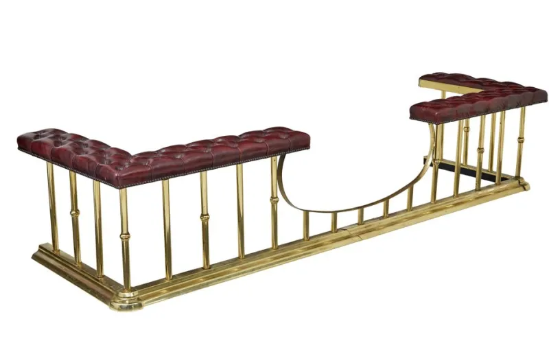 Pamono Large Brass and Leather Fireplace Club Fender, 2000> Fireplaces And Mantels