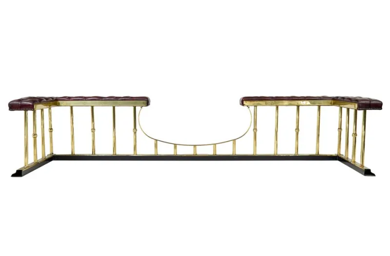 Pamono Large Brass and Leather Fireplace Club Fender, 2000> Fireplaces And Mantels