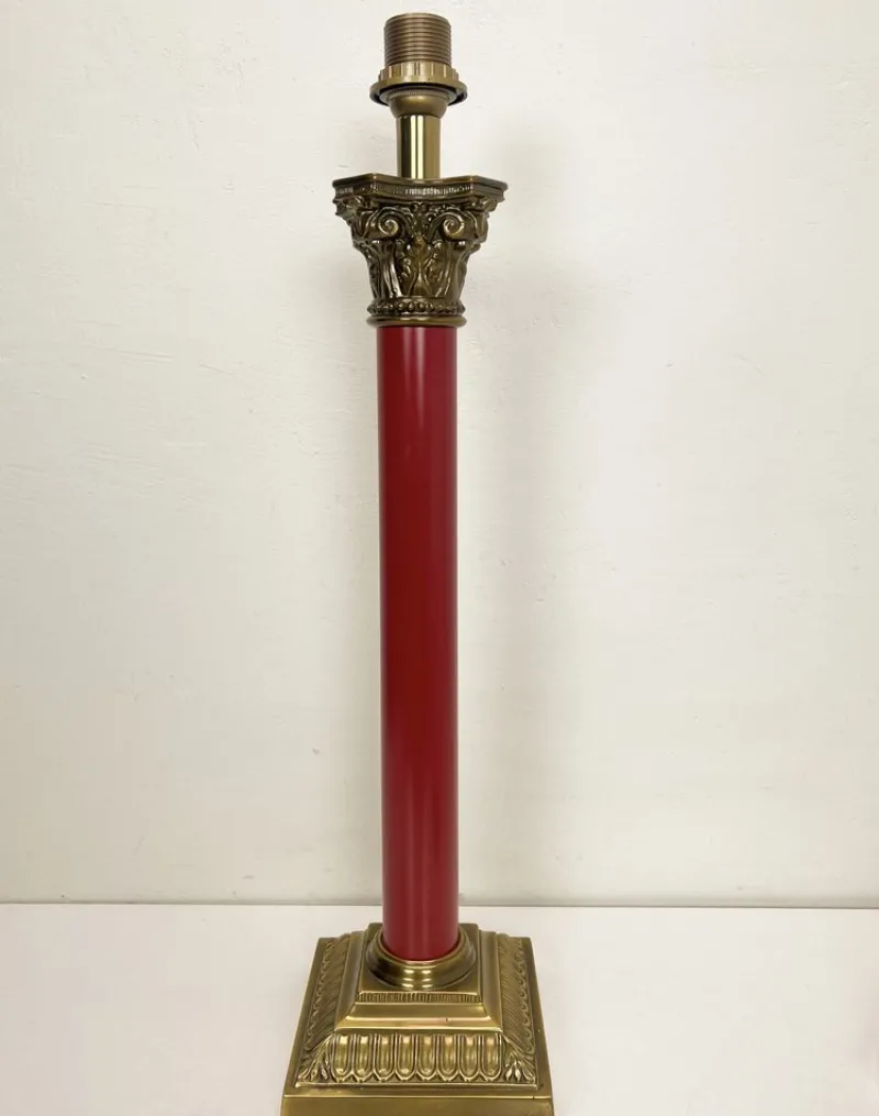 Pamono Large Brass and Red Lacqued Corinthian Column Table Lamp, 1970s> Pedestals And Columns