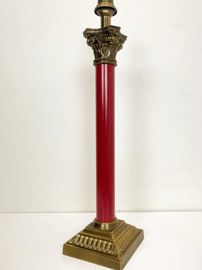Pamono Large Brass and Red Lacqued Corinthian Column Table Lamp, 1970s> Pedestals And Columns