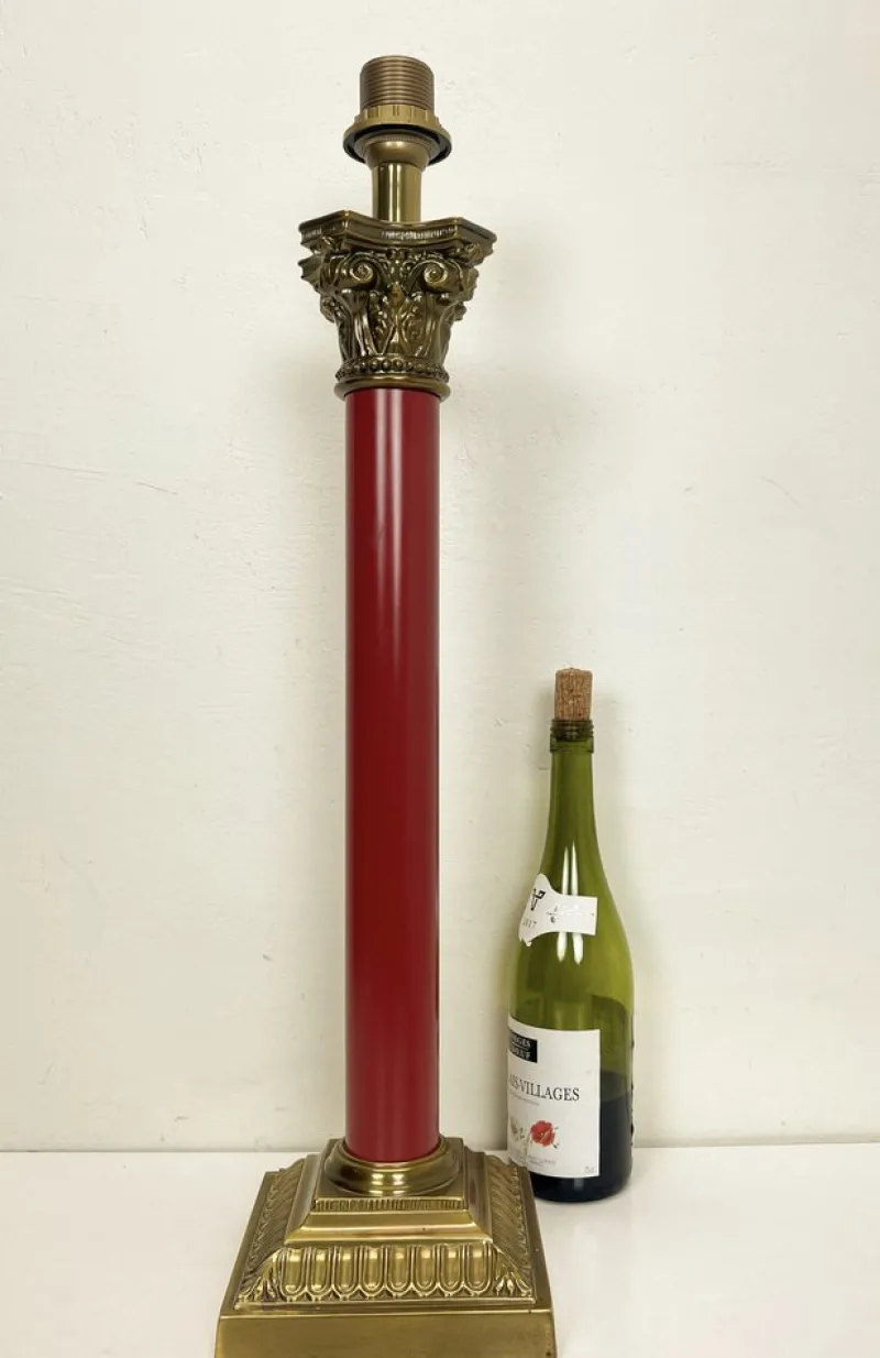 Pamono Large Brass and Red Lacqued Corinthian Column Table Lamp, 1970s> Pedestals And Columns