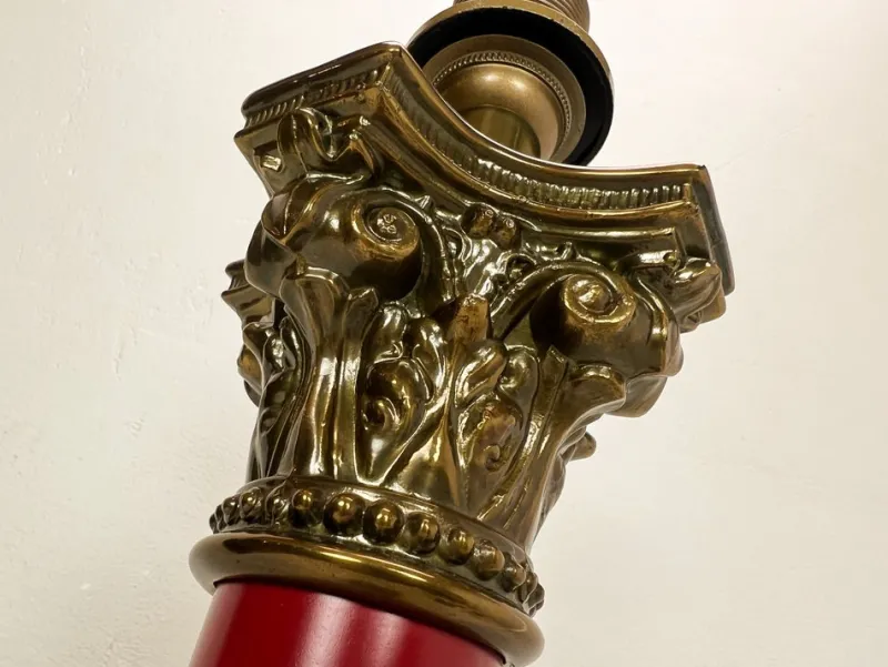 Pamono Large Brass and Red Lacqued Corinthian Column Table Lamp, 1970s> Pedestals And Columns