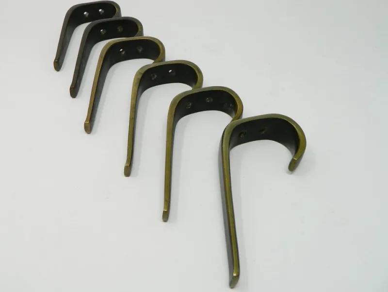 Pamono Large Brass Coat Hooks by Franz Hagenauer for Hagenauer Wien, 1950s, Set of 6> Racks, Hooks & Valets