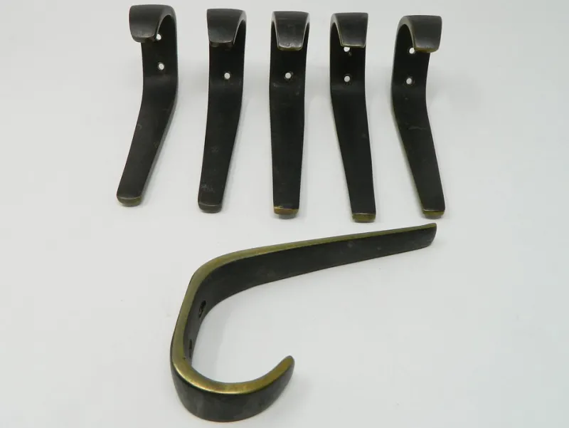 Pamono Large Brass Coat Hooks by Franz Hagenauer for Hagenauer Wien, 1950s, Set of 6> Racks, Hooks & Valets