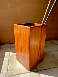 Pamono Large Brutalist Teak Sculptural Waste Basket, Denmark, 1970s><noscript><img width=