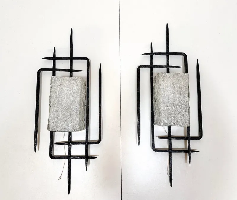 Pamono Large Brutalist Wrought Iron and Glass Sculptural Wall Lamps from Honsel-Leuchten, West Germany 1960s, Set of 2> Wall Lights & Sconces