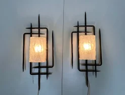 Pamono Large Brutalist Wrought Iron and Glass Sculptural Wall Lamps from Honsel-Leuchten, West Germany 1960s, Set of 2> Wall Lights & Sconces