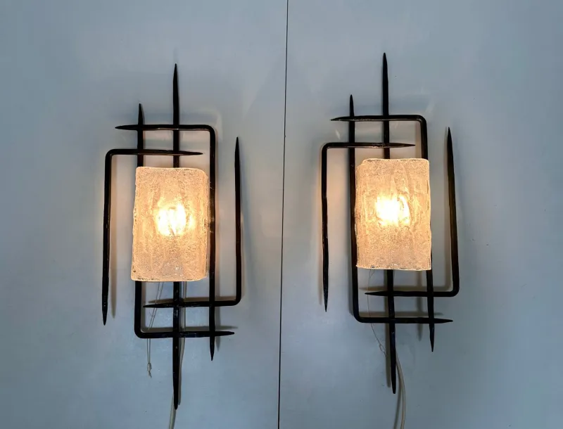 Pamono Large Brutalist Wrought Iron and Glass Sculptural Wall Lamps from Honsel-Leuchten, West Germany 1960s, Set of 2> Wall Lights & Sconces