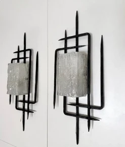Pamono Large Brutalist Wrought Iron and Glass Sculptural Wall Lamps from Honsel-Leuchten, West Germany 1960s, Set of 2><noscript><img width=