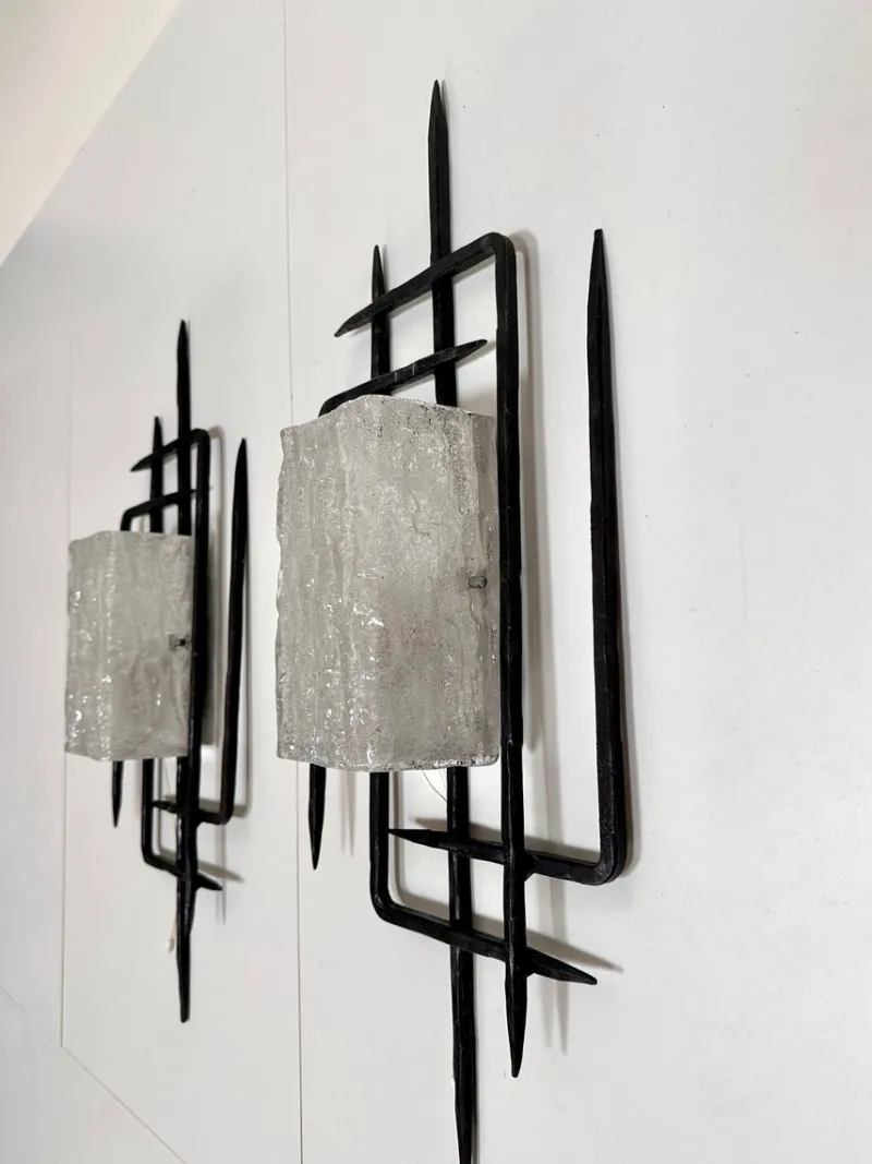 Pamono Large Brutalist Wrought Iron and Glass Sculptural Wall Lamps from Honsel-Leuchten, West Germany 1960s, Set of 2> Wall Lights & Sconces