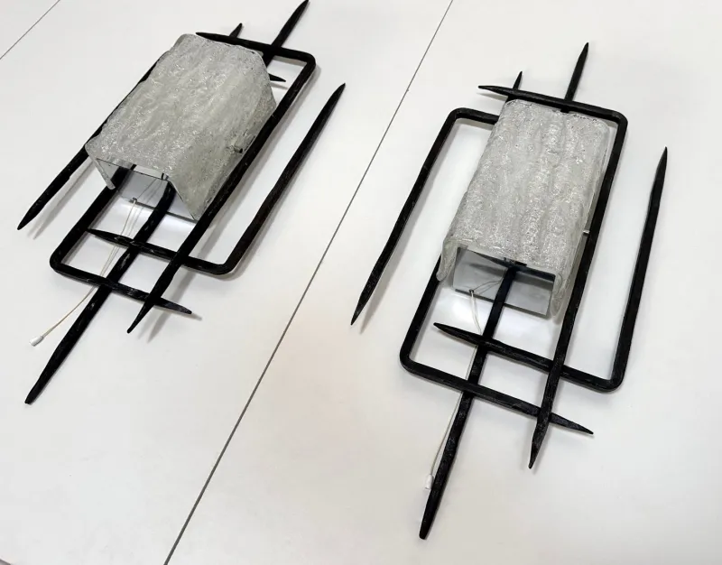Pamono Large Brutalist Wrought Iron and Glass Sculptural Wall Lamps from Honsel-Leuchten, West Germany 1960s, Set of 2> Wall Lights & Sconces