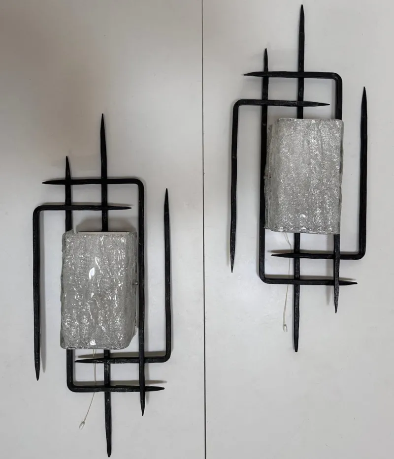 Pamono Large Brutalist Wrought Iron and Glass Sculptural Wall Lamps from Honsel-Leuchten, West Germany 1960s, Set of 2> Wall Lights & Sconces