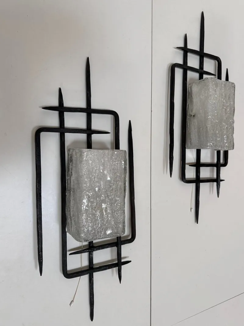 Pamono Large Brutalist Wrought Iron and Glass Sculptural Wall Lamps from Honsel-Leuchten, West Germany 1960s, Set of 2> Wall Lights & Sconces