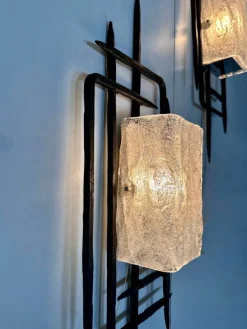 Pamono Large Brutalist Wrought Iron and Glass Sculptural Wall Lamps from Honsel-Leuchten, West Germany 1960s, Set of 2><noscript><img width=