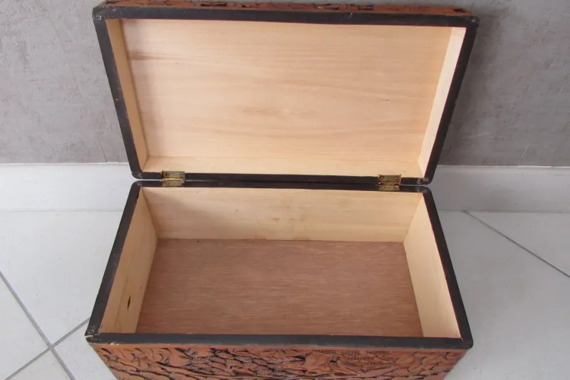 Pamono Large Carved Wooden Box with Floral and Bird Decor, 1930s> Trunks Crates & Baskets
