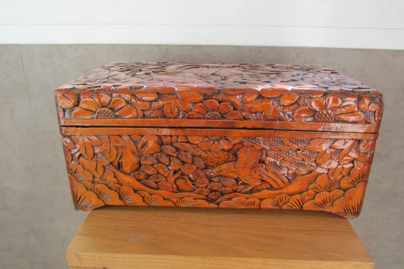 Pamono Large Carved Wooden Box with Floral and Bird Decor, 1930s> Trunks Crates & Baskets