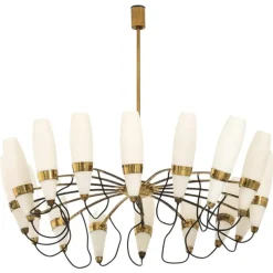 Pamono Large Chandelier in Opaline Glass and Brass from Stilnovo, 1950s> Ceiling Lights