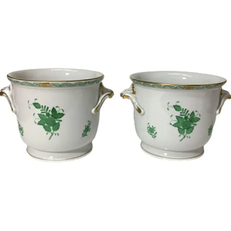 Pamono Large Chinese Bouquet Apponyi Green Porcelain Cache Pots from Herend Hungary, Set of 2> Garden Accessories