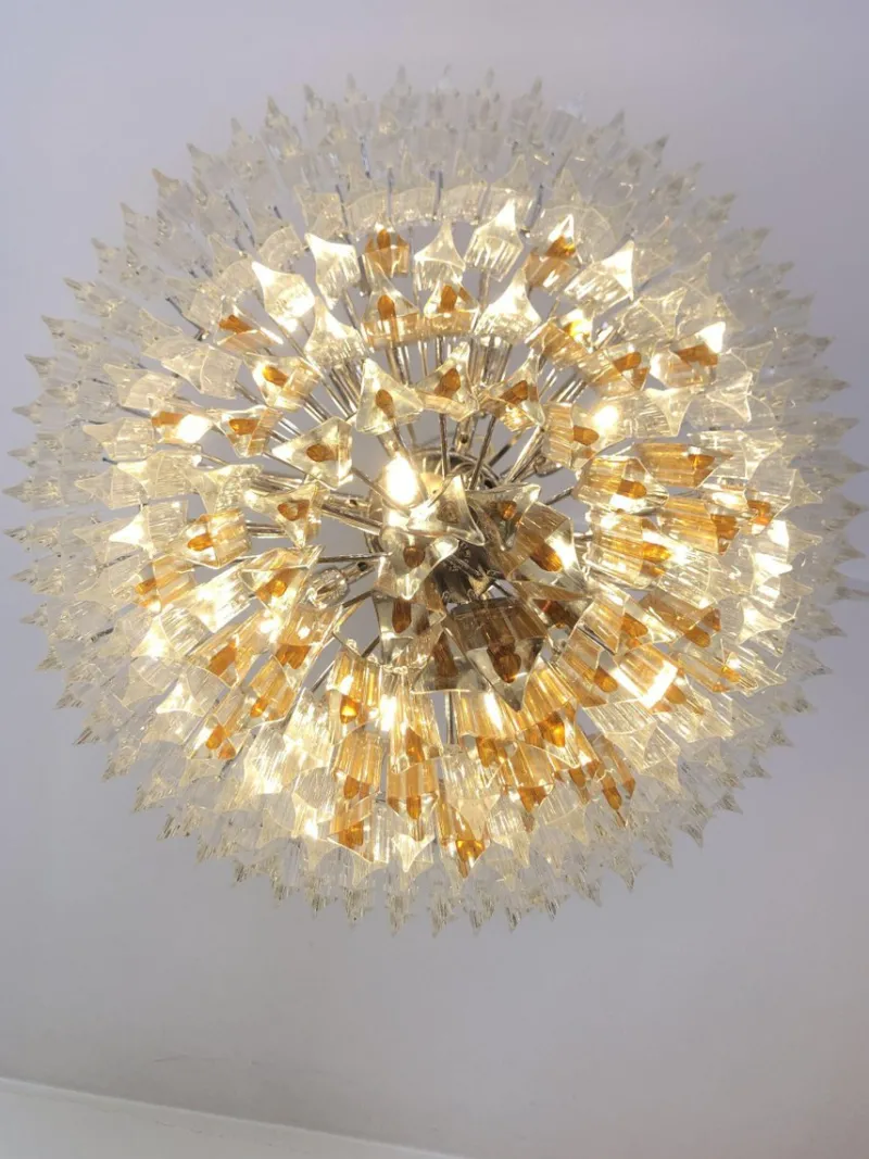 New Pamono Large Clear and Amber Triedro Murano Glass Chandelier