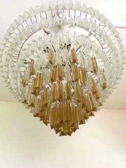 New Pamono Large Clear and Amber Triedro Murano Glass Chandelier