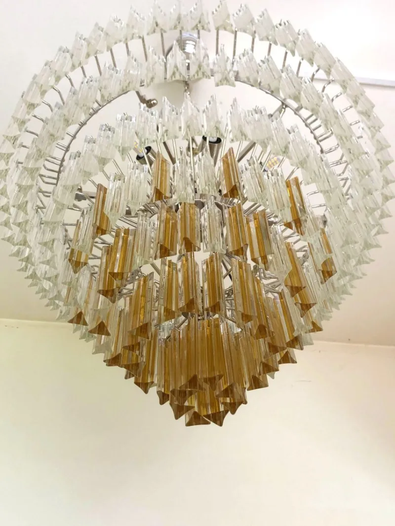 New Pamono Large Clear and Amber Triedro Murano Glass Chandelier