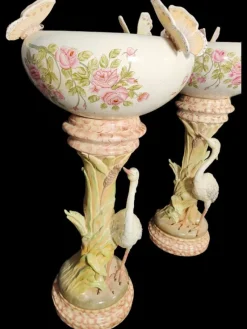 Pamono Large Columns with Heron and Papillons Flower Pots by Delphin Massier, Set of 2><noscript><img width=