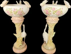 Pamono Large Columns with Heron and Papillons Flower Pots by Delphin Massier, Set of 2><noscript><img width=