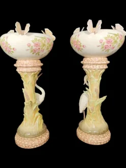 Pamono Large Columns with Heron and Papillons Flower Pots by Delphin Massier, Set of 2><noscript><img width=
