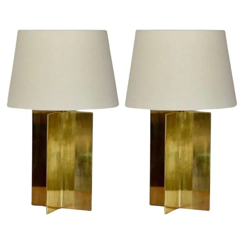 Pamono Large Croisillon Brass Lamps with Parchment Shades by Atelier Cabanel, Set of 2> Table Lamps