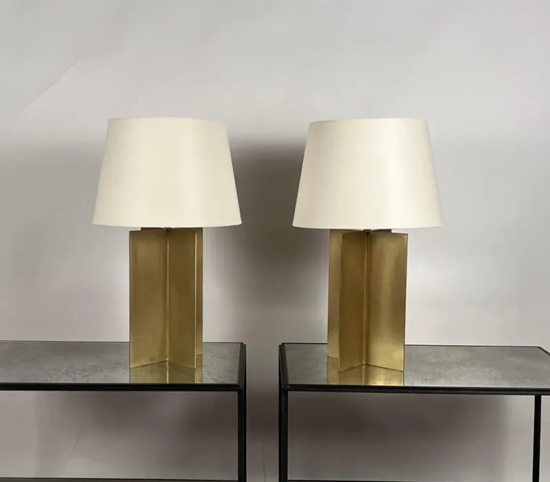 Pamono Large Croisillon Brass Lamps with Parchment Shades by Atelier Cabanel, Set of 2> Table Lamps