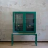 Clearance Pamono Large Display Cabinet in Green Lacquered Wood with Brass Details, 1980s
