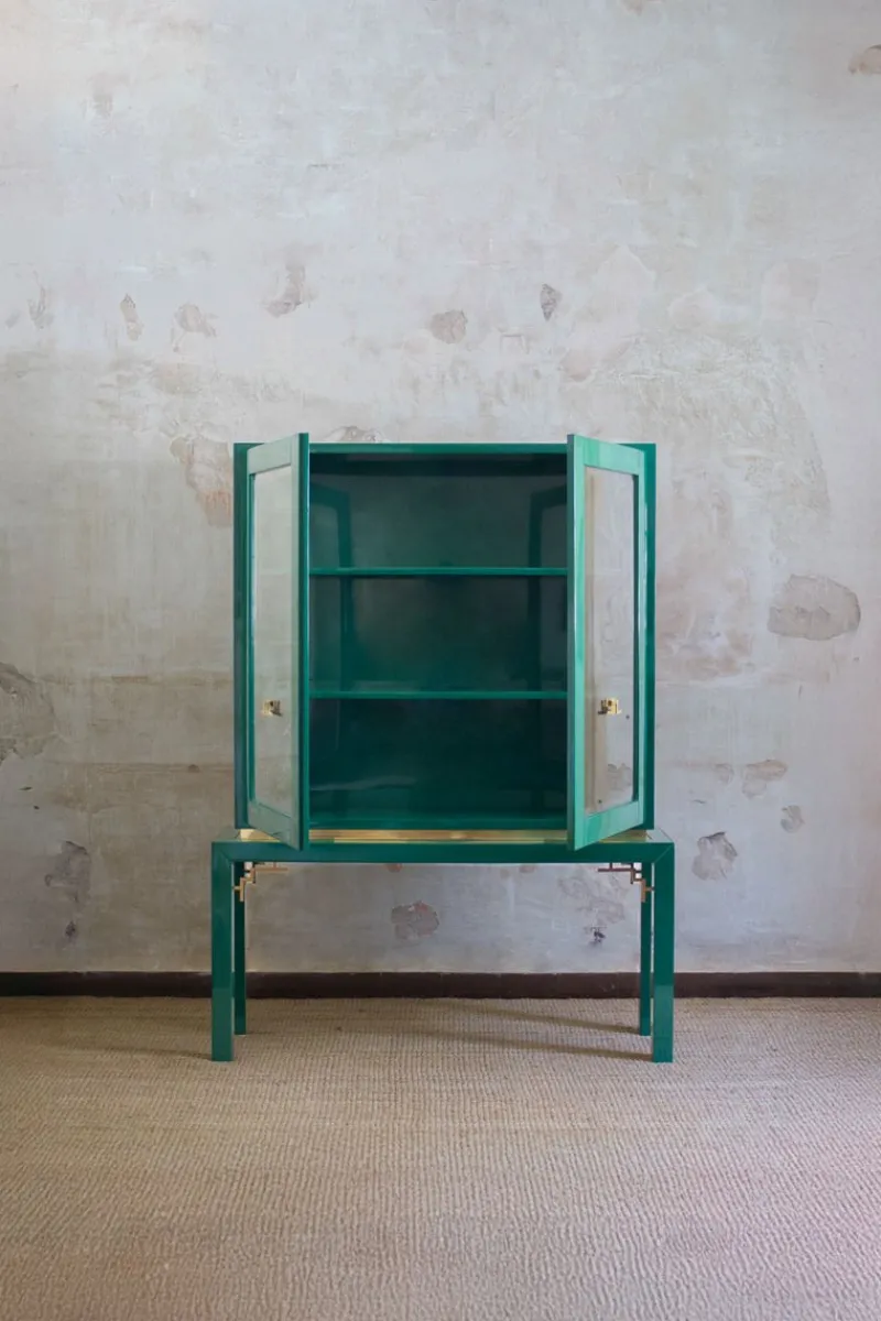 Clearance Pamono Large Display Cabinet in Green Lacquered Wood with Brass Details, 1980s