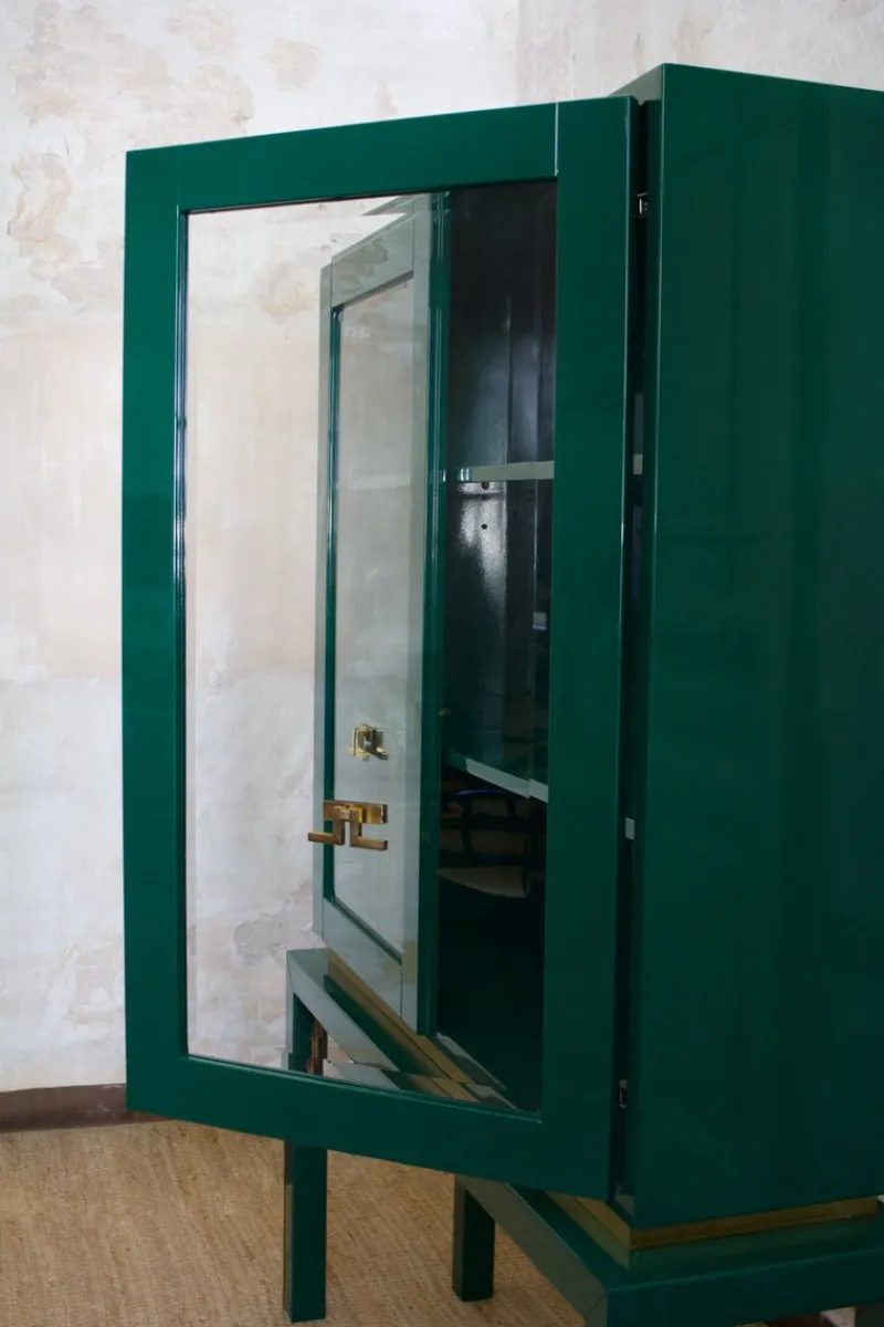 Clearance Pamono Large Display Cabinet in Green Lacquered Wood with Brass Details, 1980s