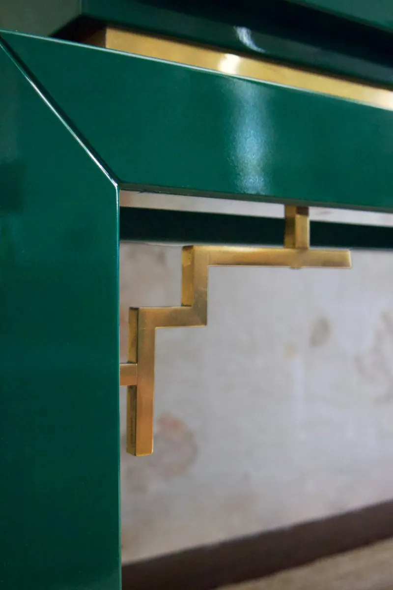Clearance Pamono Large Display Cabinet in Green Lacquered Wood with Brass Details, 1980s