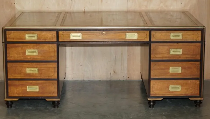 Pamono Large Double Sided Military Campaign Twin Pedestal Desk> Desks