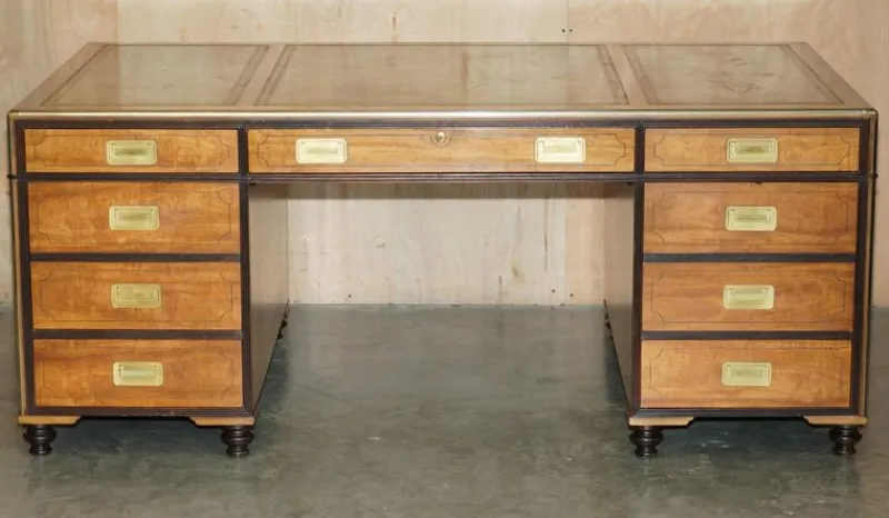 Pamono Large Double Sided Military Campaign Twin Pedestal Desk> Desks