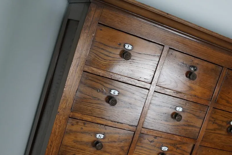 Pamono Large Dutch Oak Apothecary Cabinet with Enamel Shields, 1900s> Cabinets & Wardrobes
