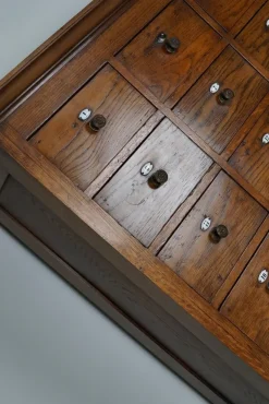 Pamono Large Dutch Oak Apothecary Cabinet with Enamel Shields, 1900s><noscript><img width=
