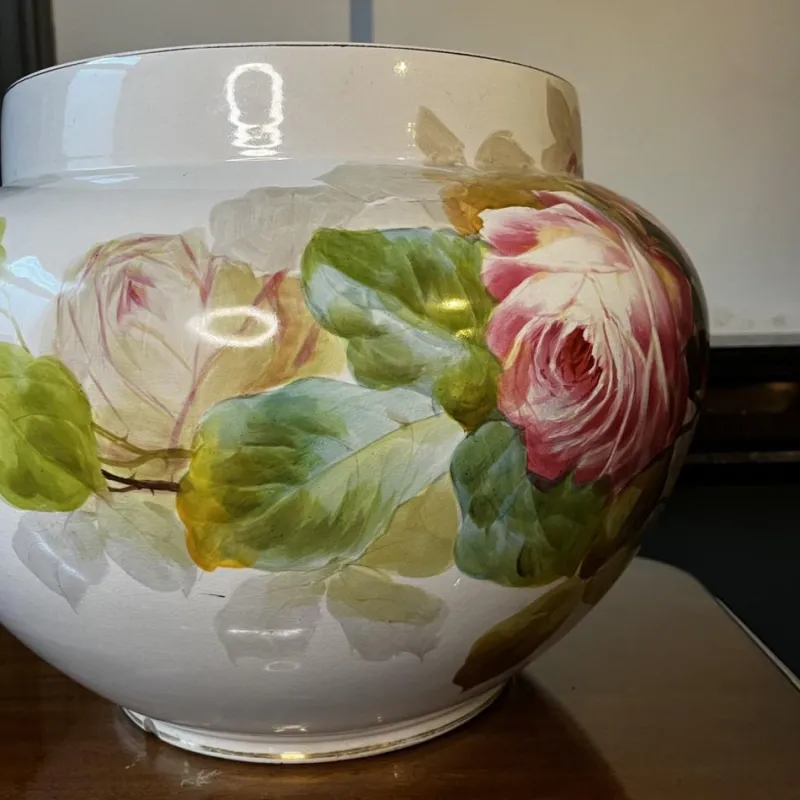 Pamono Large Earthenware Ceramic Roses Floral Planter, 1900s> Planters And Jardiniere