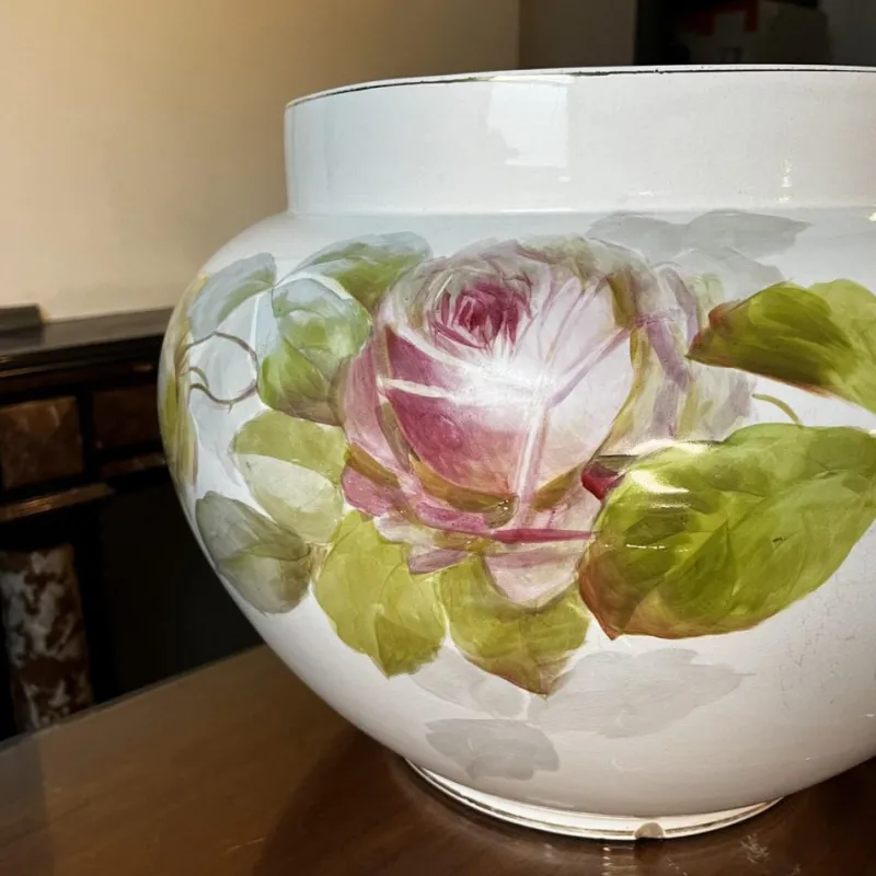 Pamono Large Earthenware Ceramic Roses Floral Planter, 1900s> Planters And Jardiniere