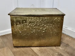 Clearance Pamono Large Embossed Brass Log Box with Tavern Scenes, 1890s