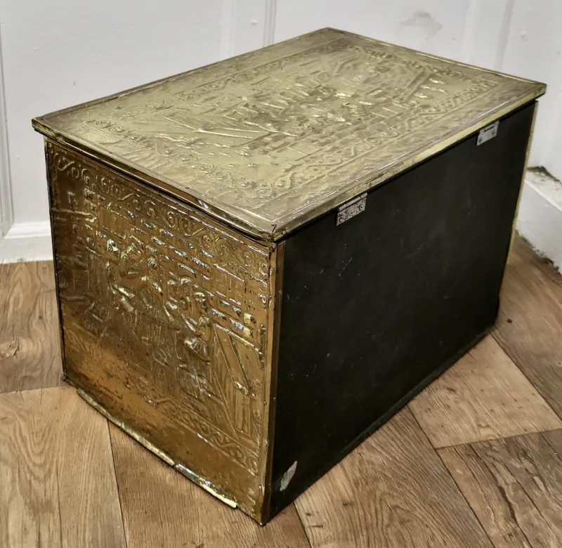 Clearance Pamono Large Embossed Brass Log Box with Tavern Scenes, 1890s