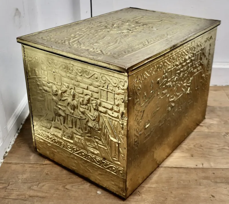Clearance Pamono Large Embossed Brass Log Box with Tavern Scenes, 1890s